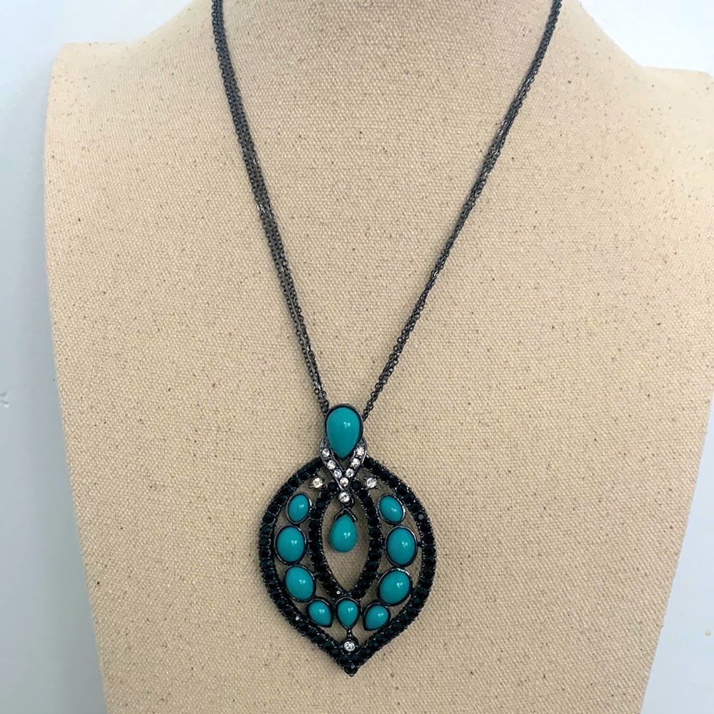 QVC Joan Boyce Turquoise Pendant Necklace – Gunmetal & Hematite Crystal